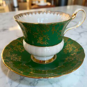 Green Royal Windsor China Tea Cup and Saucer Gold Gilded 1950s
